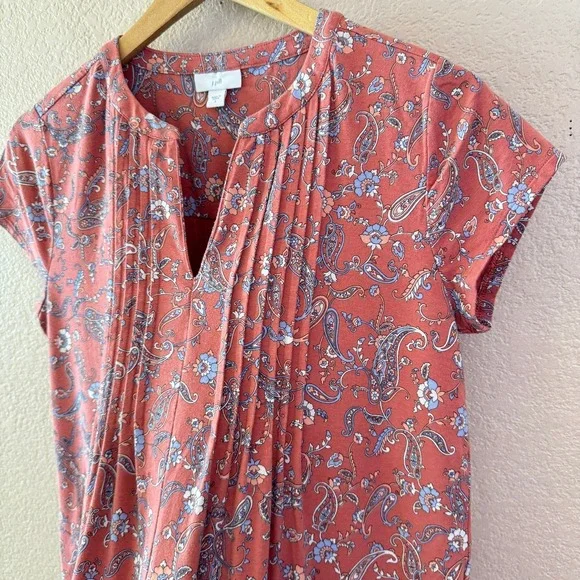 J Jill Paisley Print Dress Short Sleeve Pink Casual Stretch Pockets Size S - Picture 6 of 12